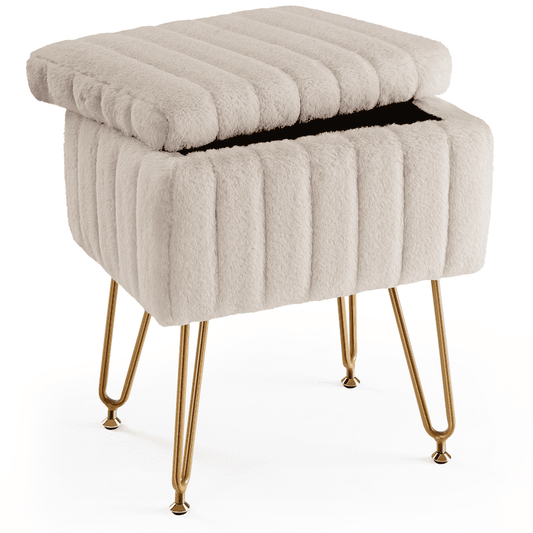Gianna Square Ottoman with Storage, Makeup Cute Soft Small Footstool, Modern Style Faux Fur Seat with 4 Metal Legs & Adjustable Feet for Dressing, Living Room Bedroom Dorm, Camel