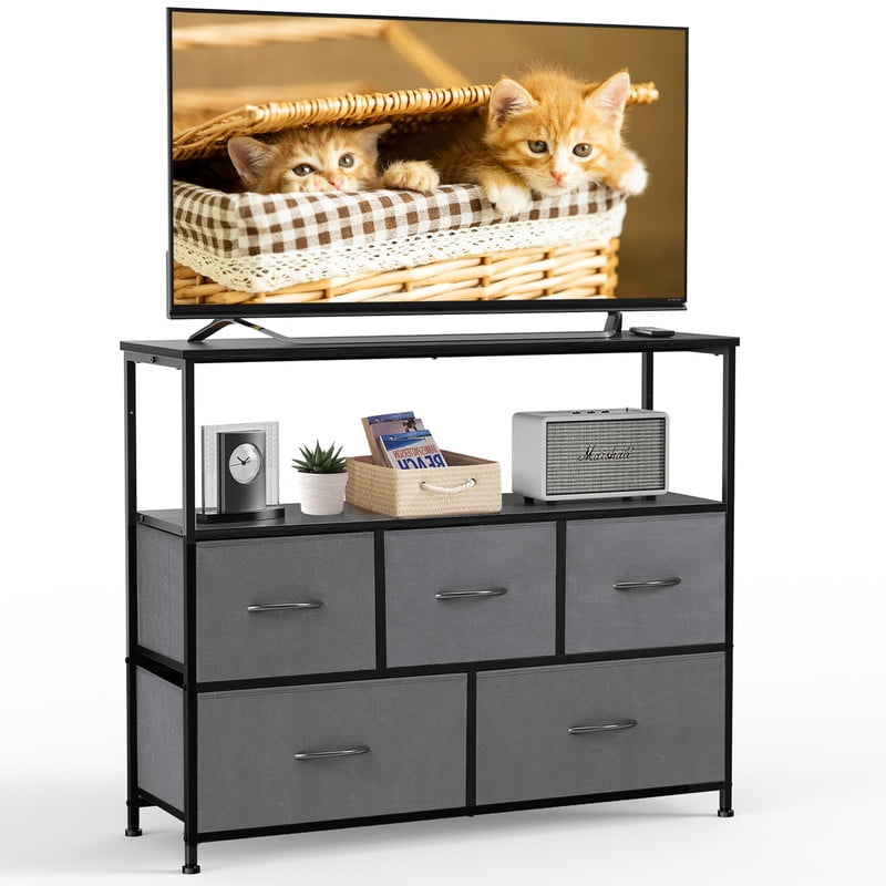 Gianna TV Cabinet Stand, 5 Fabric Drawers & Adjustable Feet for Bedroom, Gray-1