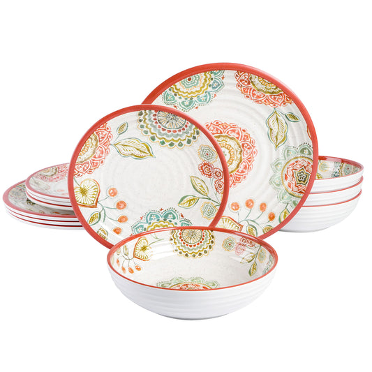 Gibson Home Mauna Melamine Plastic Dinnerware Set, Service for 4 (12pcs), Brick Floral