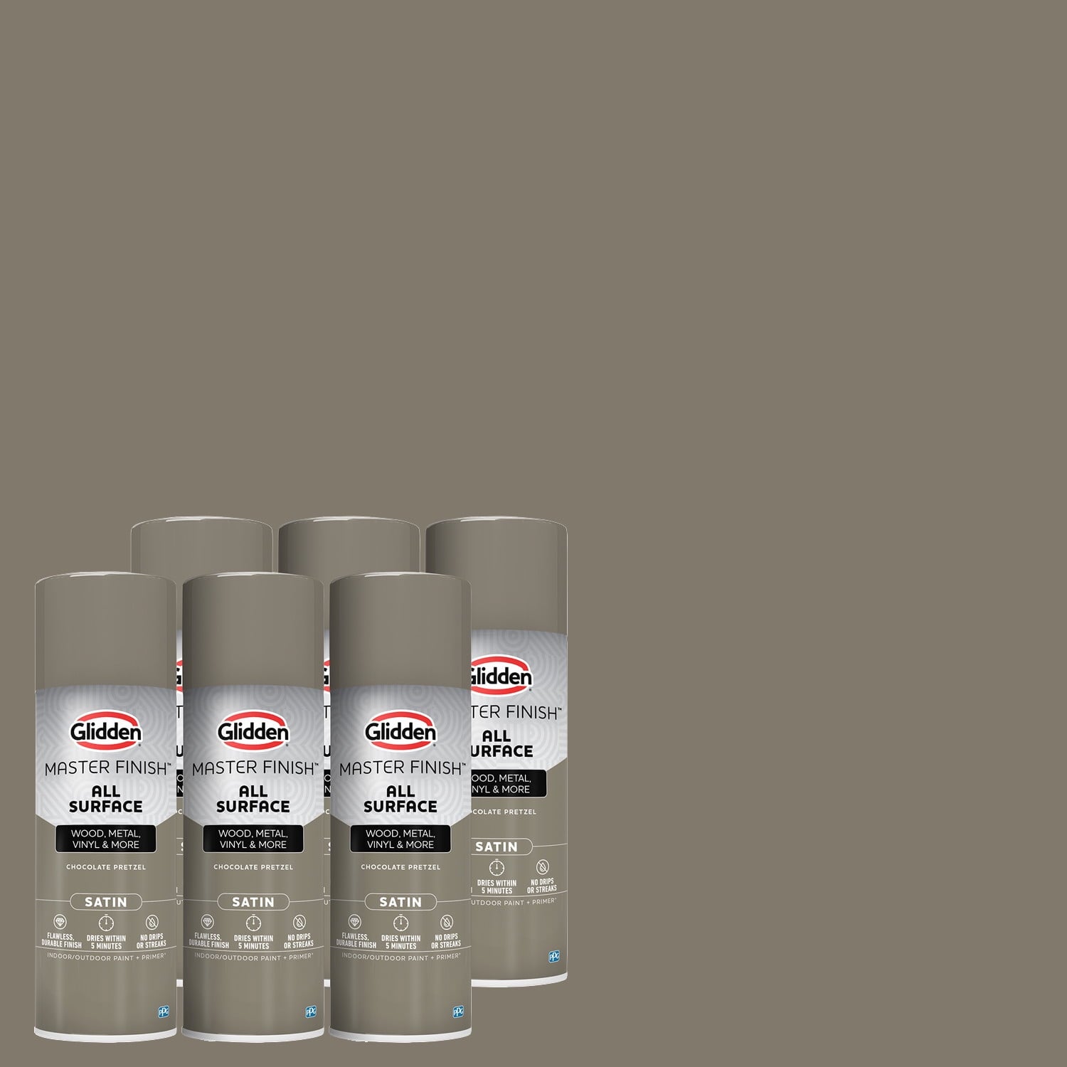 Glidden Master Finish 12 oz. Satin Chocolate Pretzel Interior/Exterior All Surface Spray Paint and Primer, 6 Pack