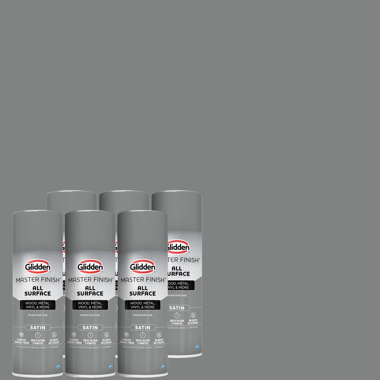 Glidden Master Finish 12 oz. Satinado Tono Fantasma Interior/Exterior para Todas las Superficies Pintura en Aerosol y Primer, Paquete de 6