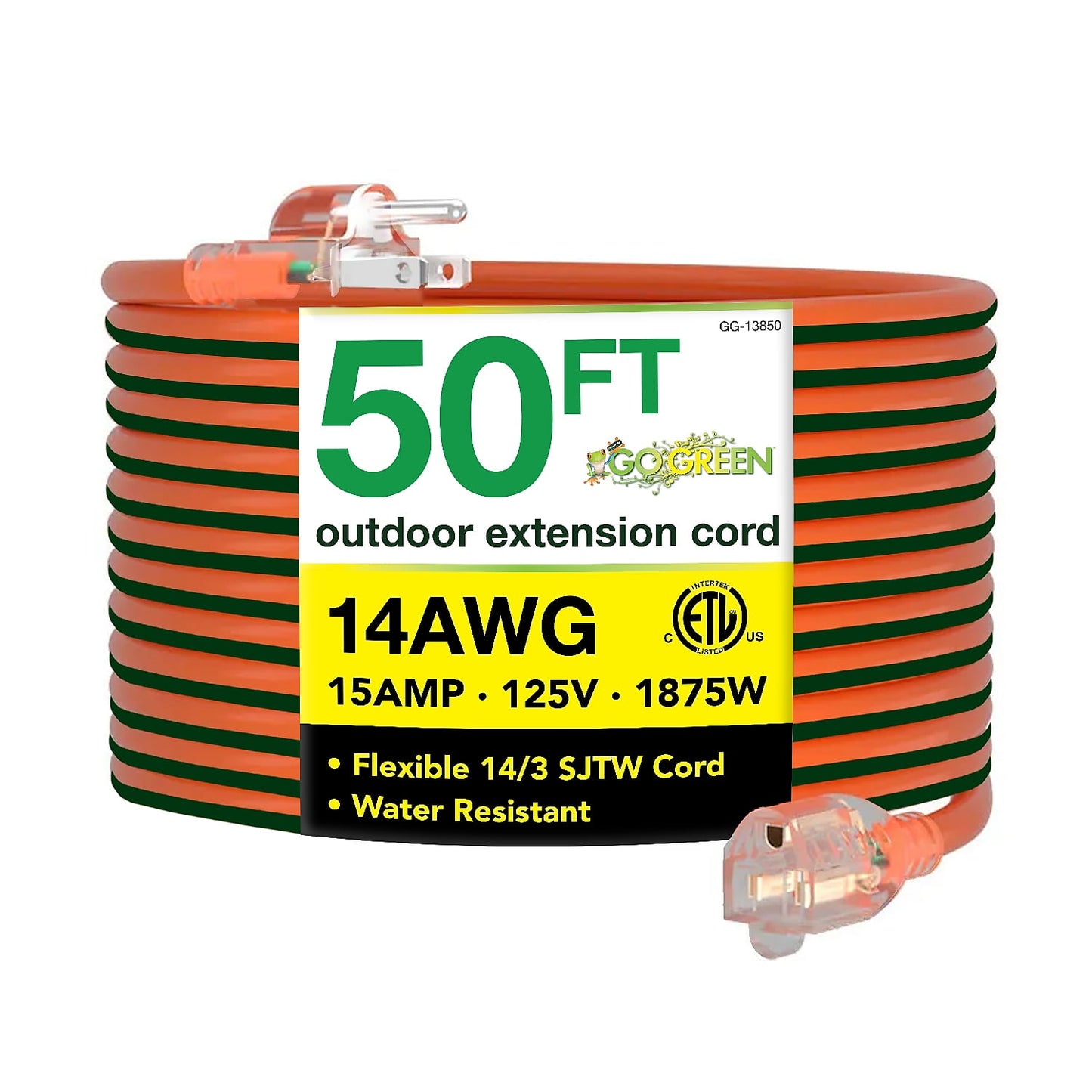 GoGreen Power (GG-13850) 14/3 50â€™ SJTW Outdoor Extension Cord, Lighted Extension Cord, 50 Ft