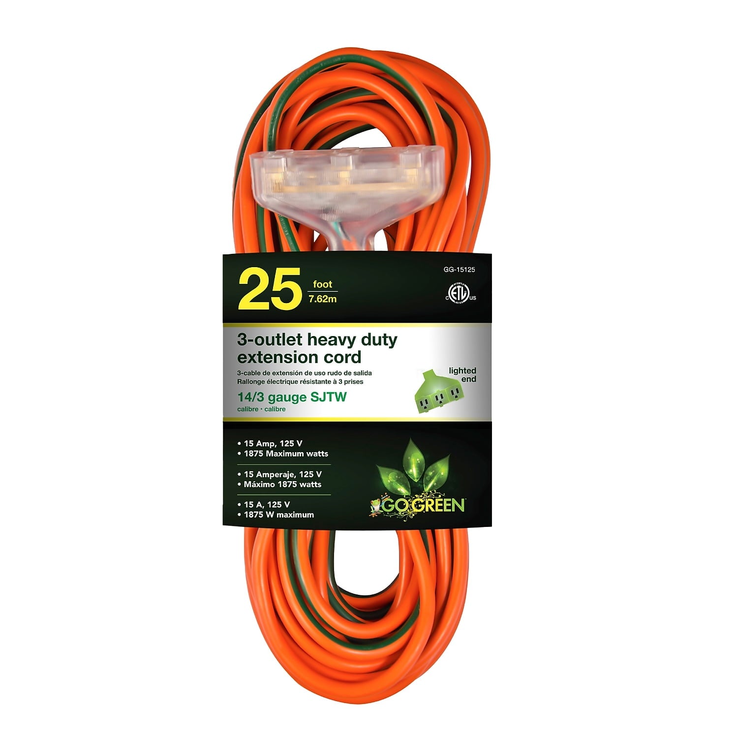 GoGreen Power (GG-15125) 14/3 25â€™ 3-Outlet SJTW Outdoor Extension Cord, Lighted Extension Cord, 25 ft