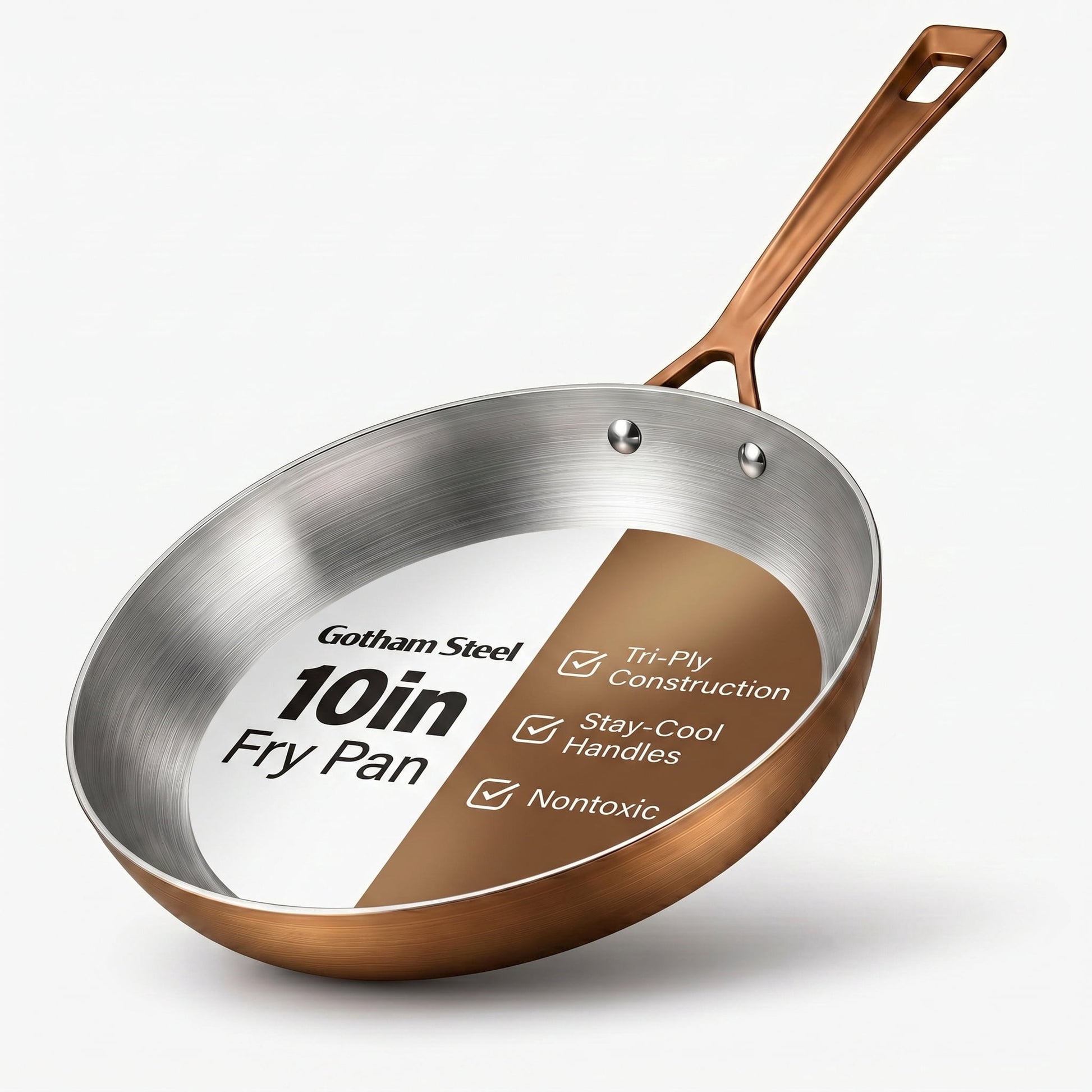 Gotham Steel 10 Inch Stainless Steel Frying Pan, Tri-Ply Skillet, Stainless Steel Pan with Stay-Cool Handle, Induction Ready, Dishwasher Safe, No Forever Chemicals, Oven Safe to 500Â°F, Copper