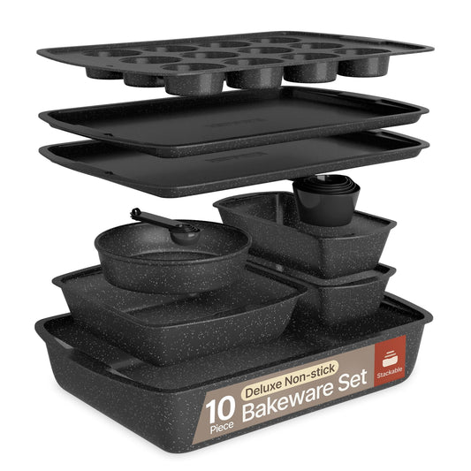 Bakken- Swiss 10-Piece Bakeware Sets, Nonstick Carbon Steel Baking Sheet & Pans, Stackable Space-Saving Bakeware, Stain-resistant, Oven Safe (up to 450Â°F), Gray Marble