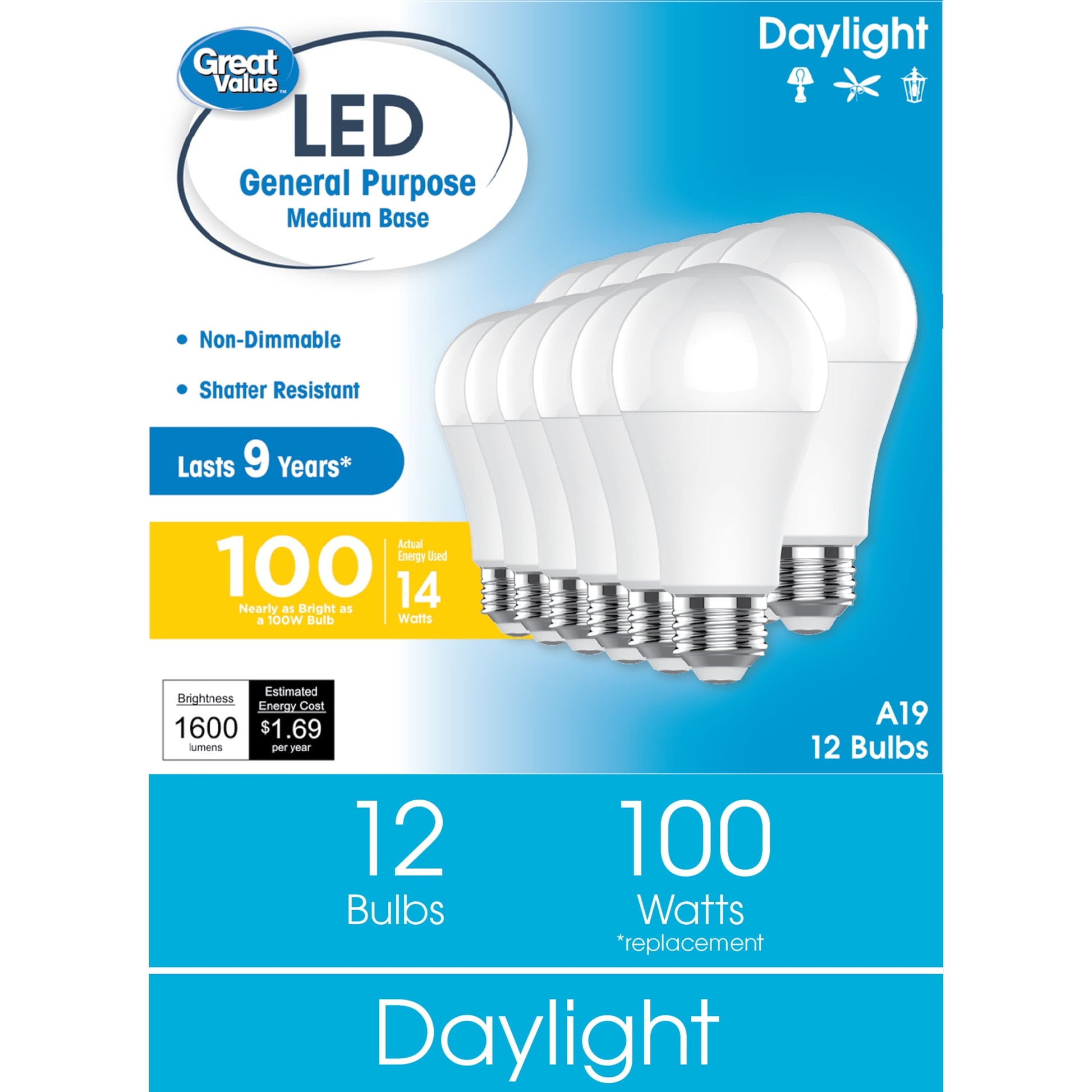 Great Value LED Light Bulbs, 100 Watt Replacement, Daylight, A19 General Purpose Bulbs, 12 Pack
