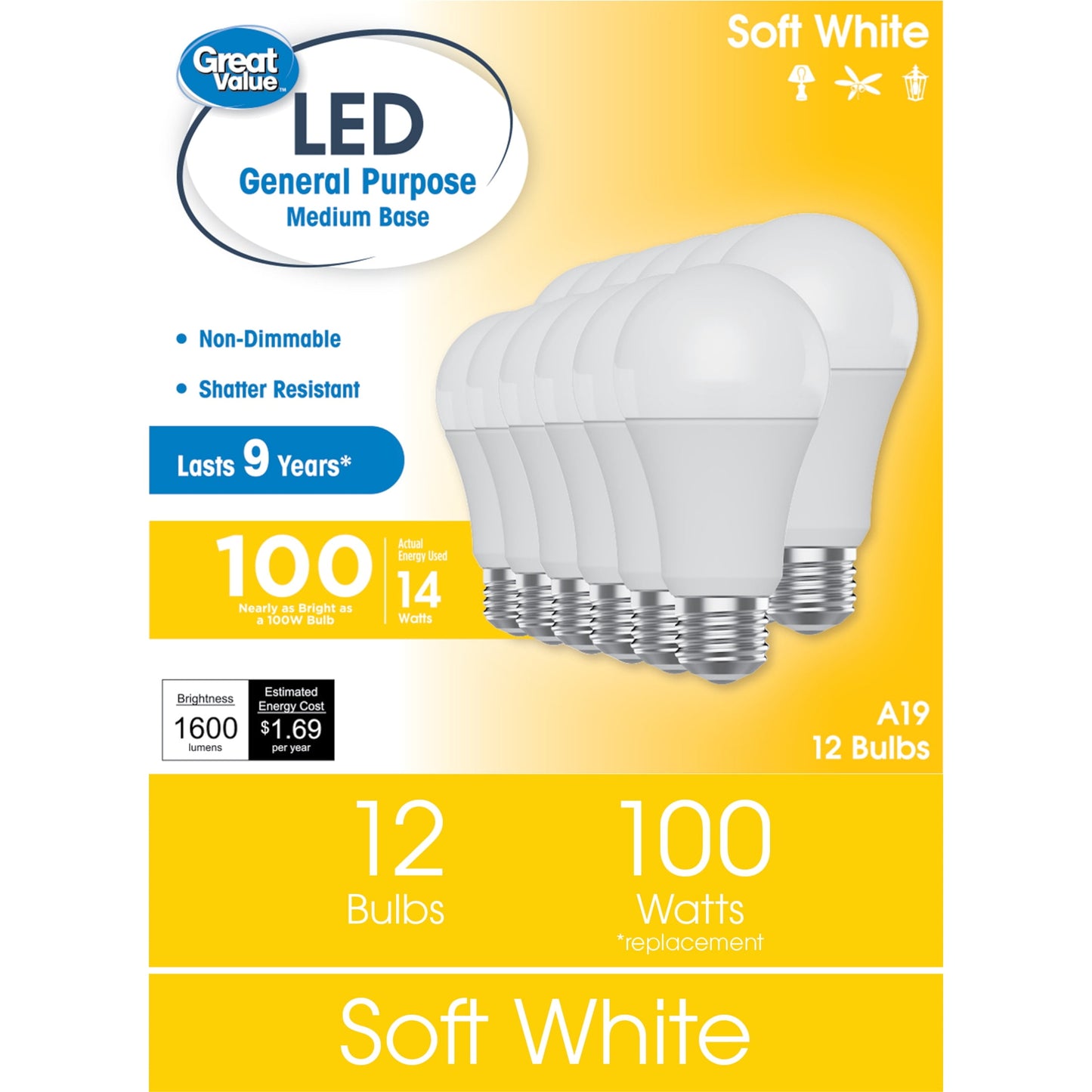 Great Value LED Light Bulbs, 100 Watt Replacement, Soft White, A19 General Purpose Bulbs, 12 Pack