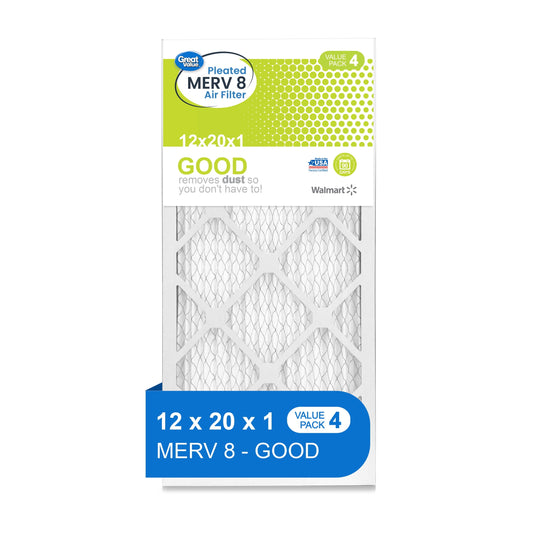 Great Value, 12x20x1, MERV 8 GOOD HVAC Air and Furnace Filter, Captures Dust, 4 Filters