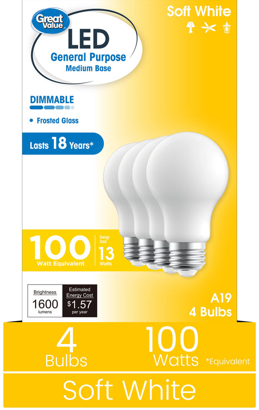 Great Value A19 LED 13W (100W Equivalent) Soft White E26 Medium Base General Purpose Light Bulbs, Dimmable, 4 Pack
