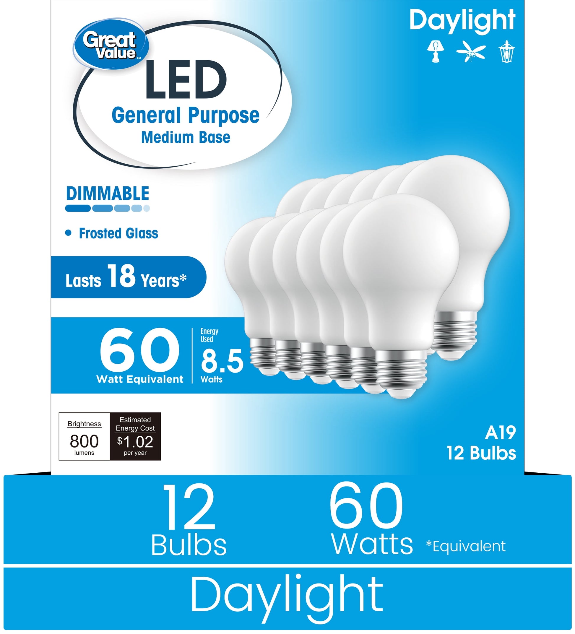 Great Value 18YR A19 LED Light Bulb, 8.5W(60W Equivalent), E26 Base, Dimmable, Daylight, 12-Pack