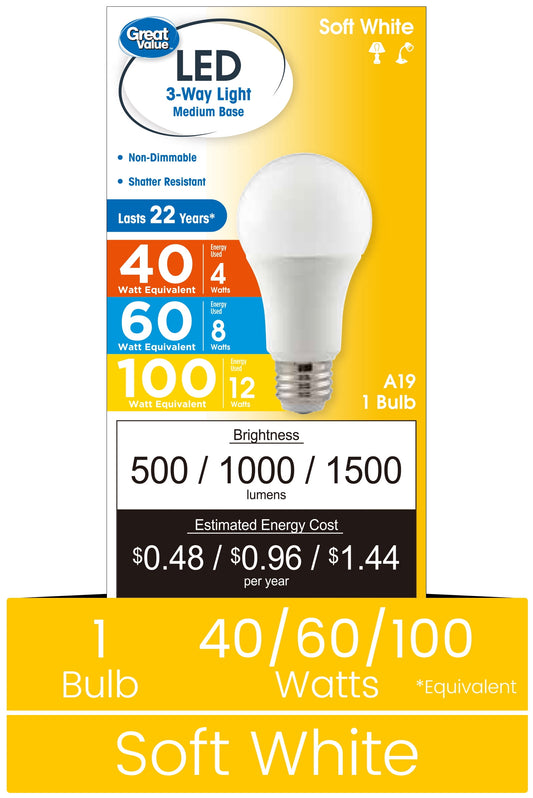 Great Value 3-Way A19 LED Light Bulb, 40/60/100 Watts Tunable, Soft White, E26 Medium Base (1 Pack)