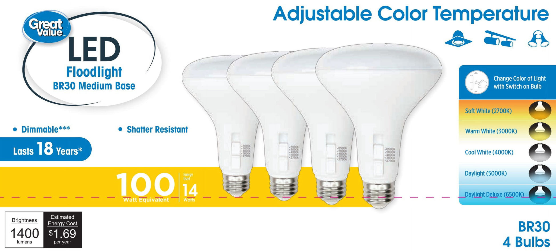 Great Value 5CCT LED BR30 Floodlight Bulb, 14W(100W Equivalent), E26 Medium Base Dimmable, 4 pack
