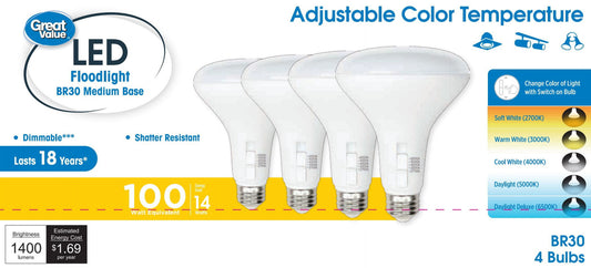 Great Value 5CCT LED BR30 Floodlight Bulb, 14W(100W Equivalent), E26 Medium Base Dimmable, 4 pack