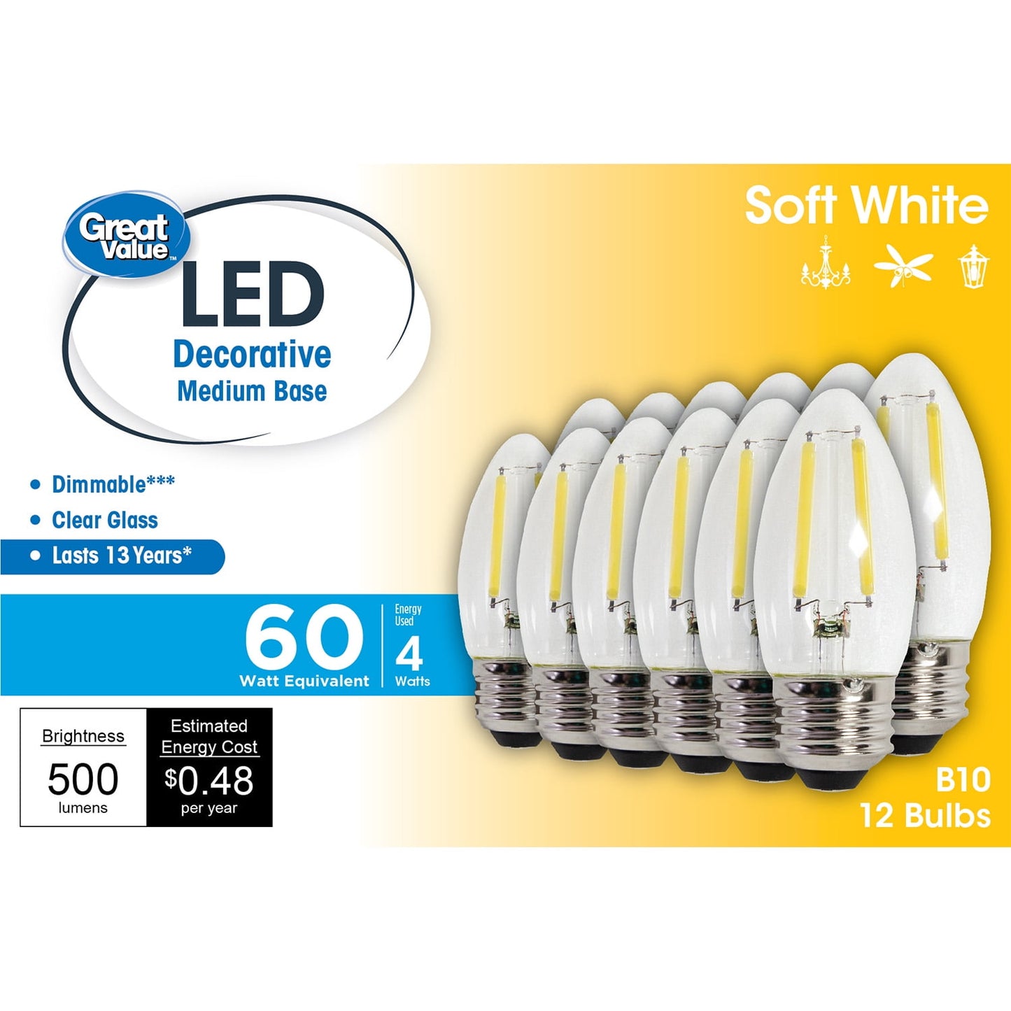 Great Value LED, 4W (60W Eqv) LÃ¡mpara Deco B10 Base Media E26, Regulable, Blanco Suave, Paquete de 12