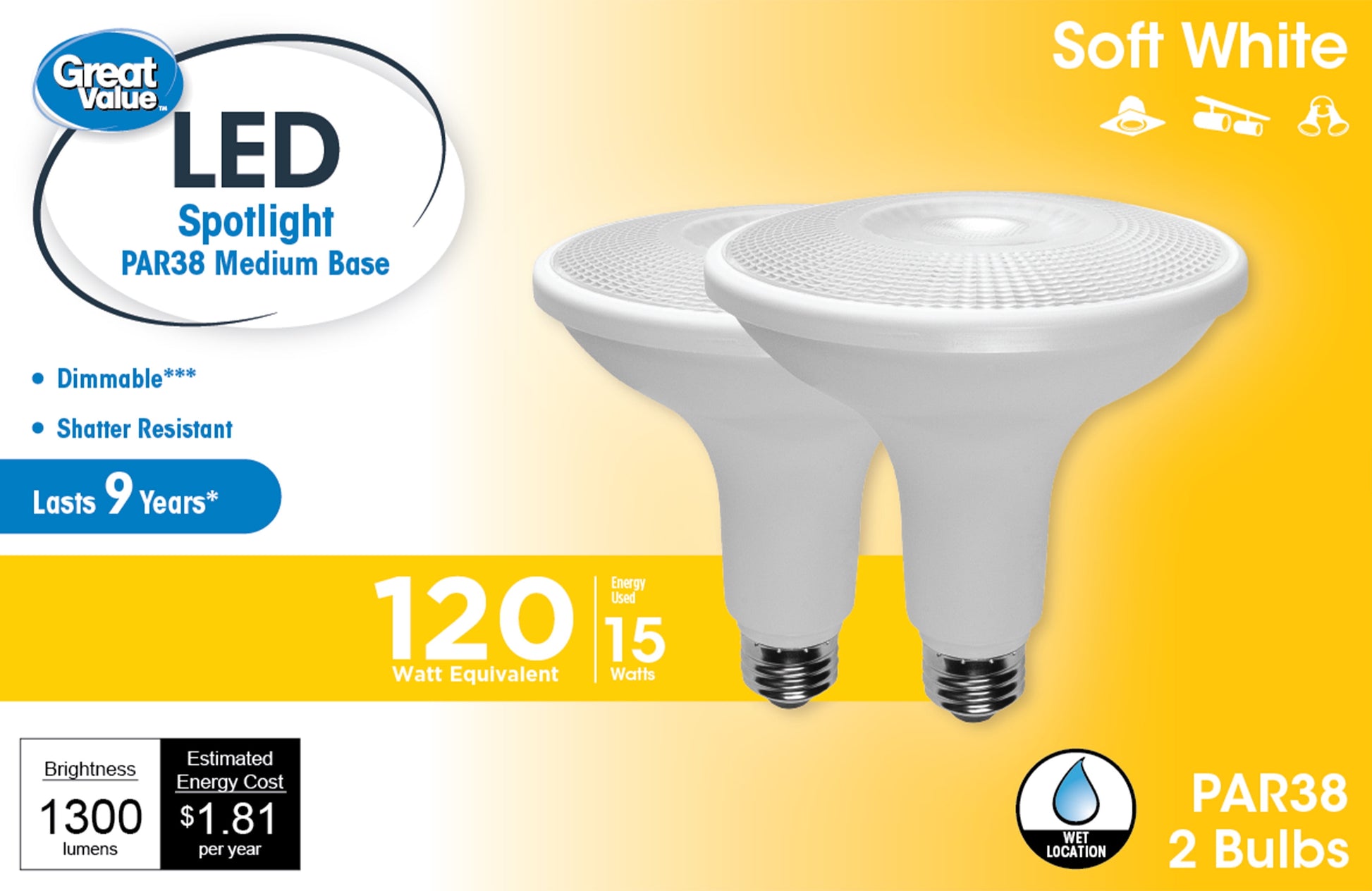 Great Value Bombilla LED, 15 Vatios (Equivalente a 120W) LÃ¡mpara de Reflector PAR38 Base Mediana E26, Regulable, Blanco Suave, Paquete de 2