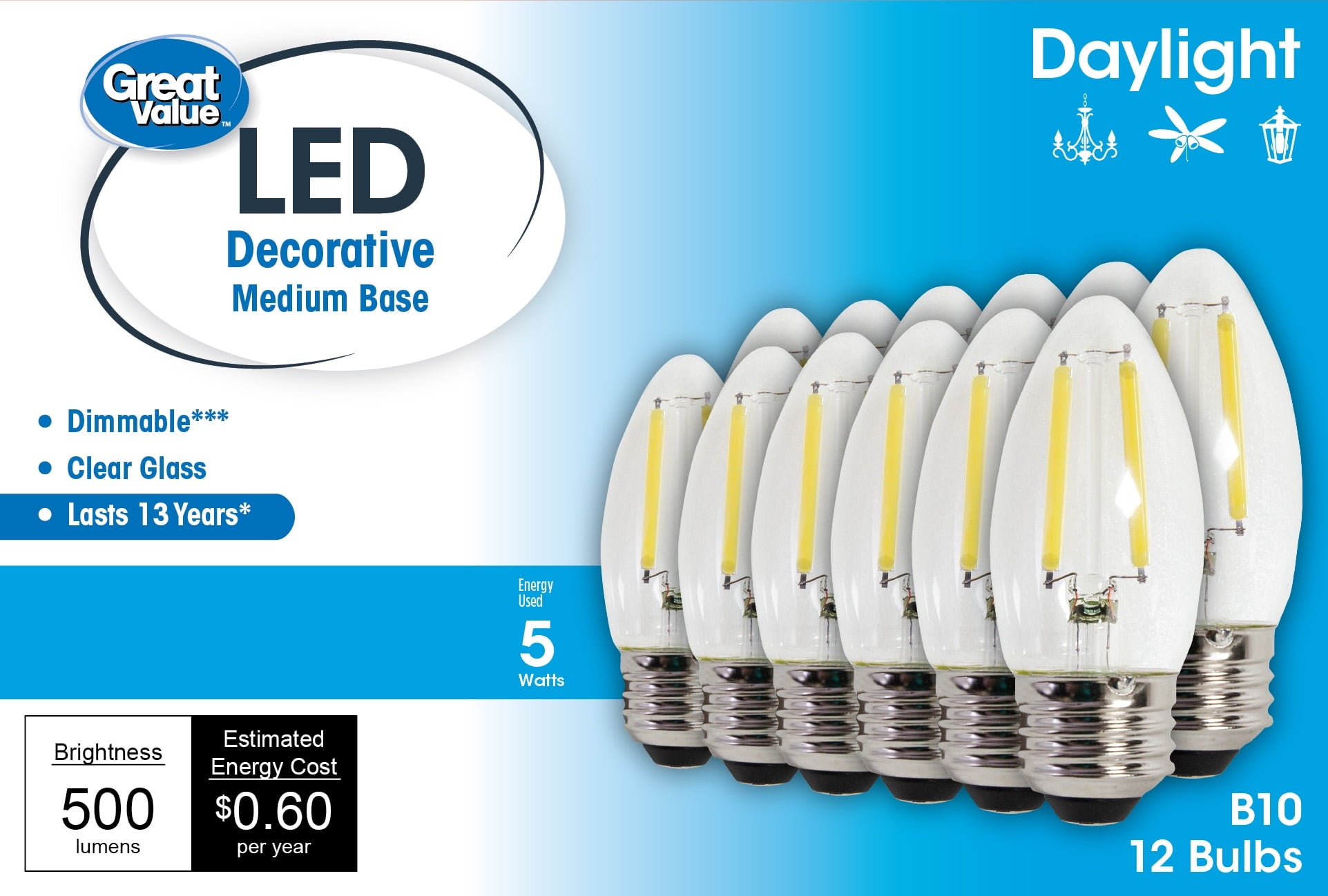 Great Value LED 4W (60W Equivalent) Soft White E26 Medium Base Decorative Light Bulbs, Dimmable, 12 Pack