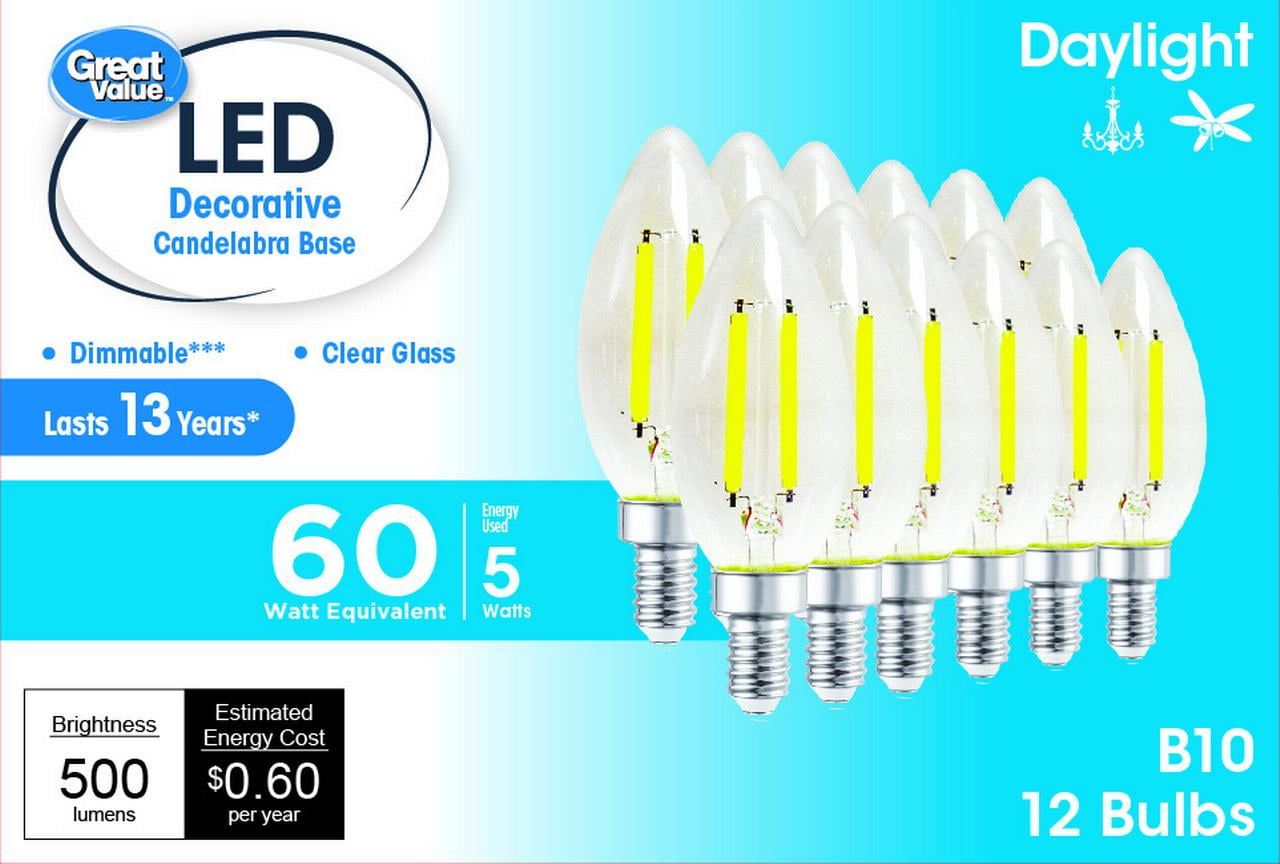 Great Value LED Light Bulb, 4W (60W Equivalent) B10 Deco Lamp E12 Candelabra Base, Dimmable, Daylight, 12-Pack