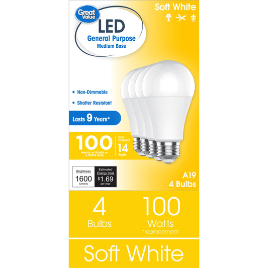 Great Value LED Light Bulb, Soft White, 100 Watt Eqv, A19 General Purpose, E26 Medium Base, 9yr, 4 Pack
