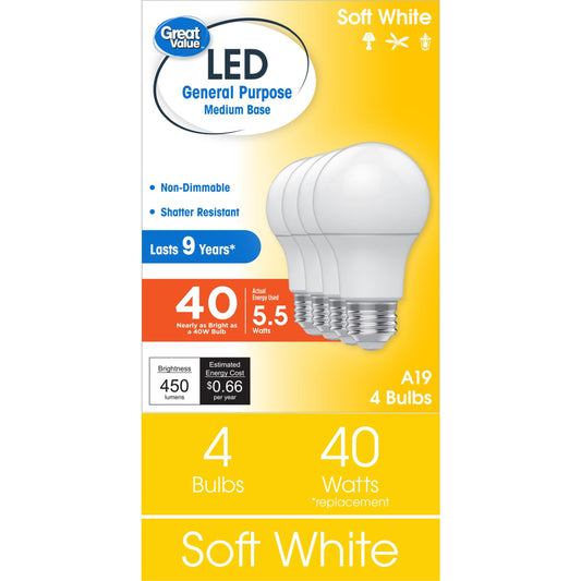 Great Value Bombilla LED, Luz Blanca Suave, Equivalente a 40 Vatios, Uso General A19, Base Mediana E26, 9 AÃ±os, Paquete de 4