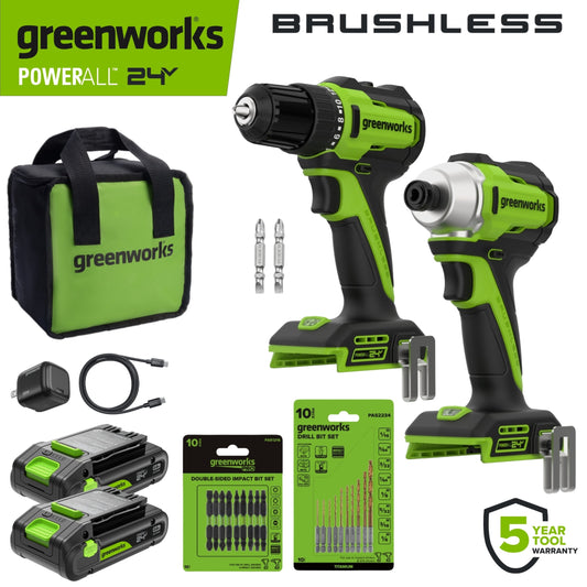 Greenworks PowerAll 24V Brushless 300 in-lbs Drill Driver + Impact Driver, (2) 2Ah Batteries, 30W Charger and Cable, 2 Belt Clips and 2 bits and Bag, CK326A2