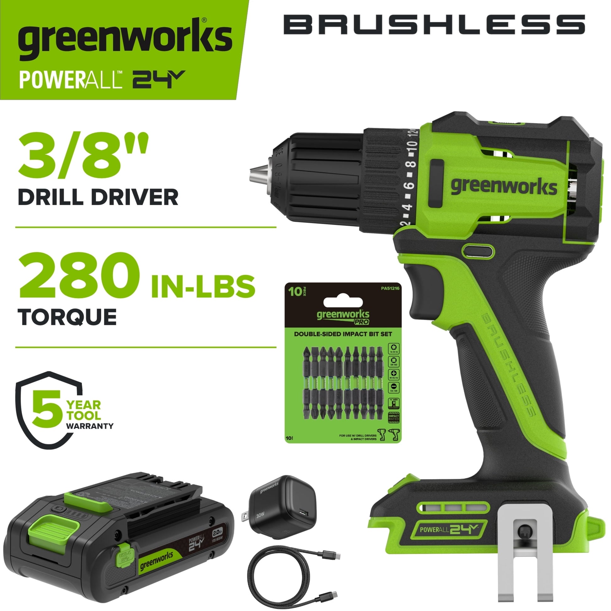 Greenworks 24V Taladro de 3/8" 280 in-lb, con BaterÃ­a USB-C de 2 Ah, Incluye Juego de 10 Piezas de Brocas de Impacto de Doble Cara, DD330A7