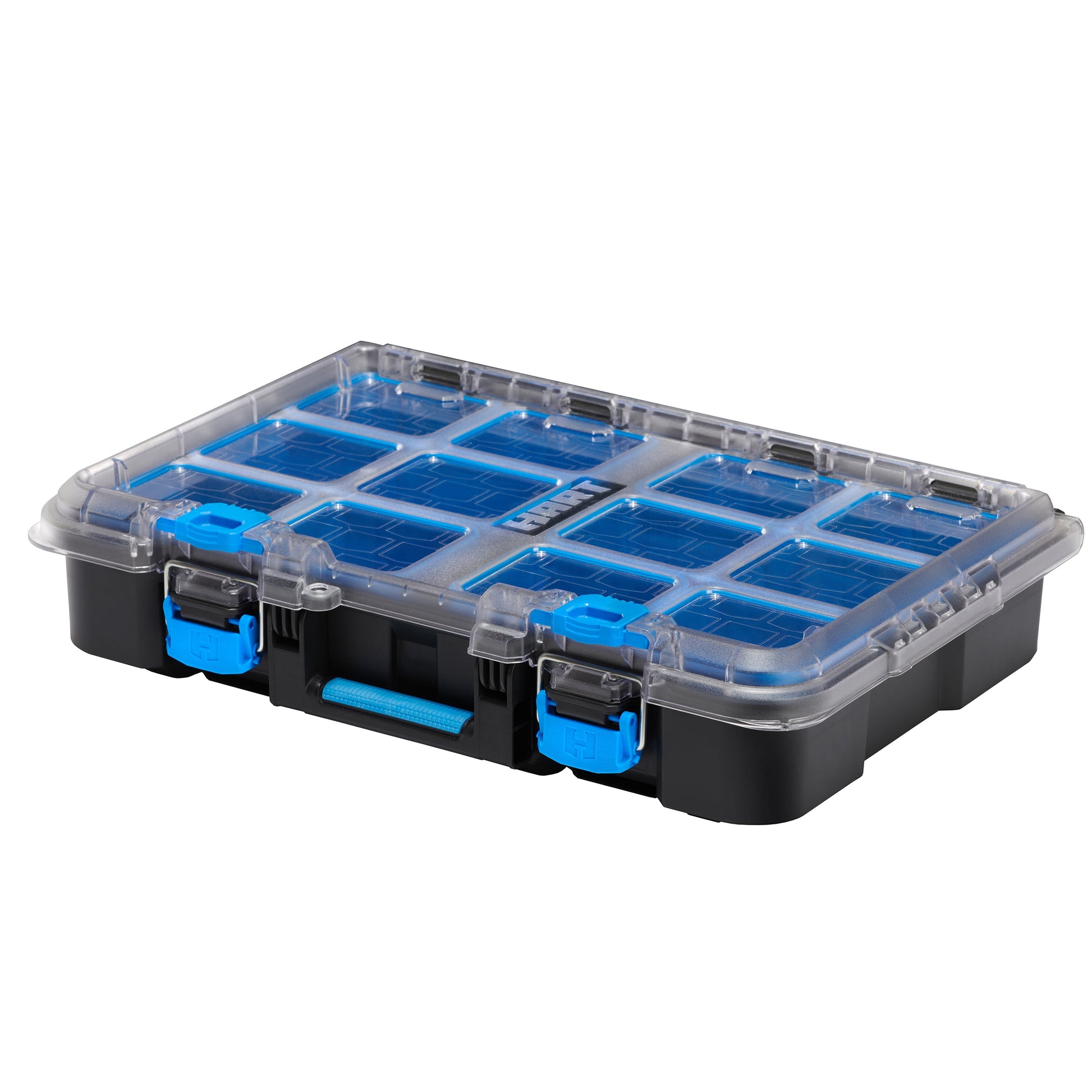HART Sistema Apilable Organizador de Piezas PequeÃ±as con Contenedores Removibles, Negro con Detalles Azules