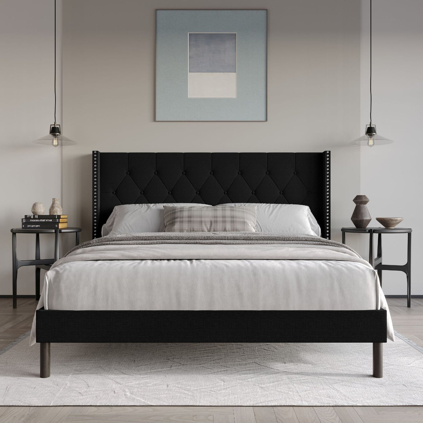 Home Design Cicero Twin Tufted Upholstered Wingback Panel Bed Frame with Button-Tufted Headboard & Nailhead Trim, Black, Easy Assembly