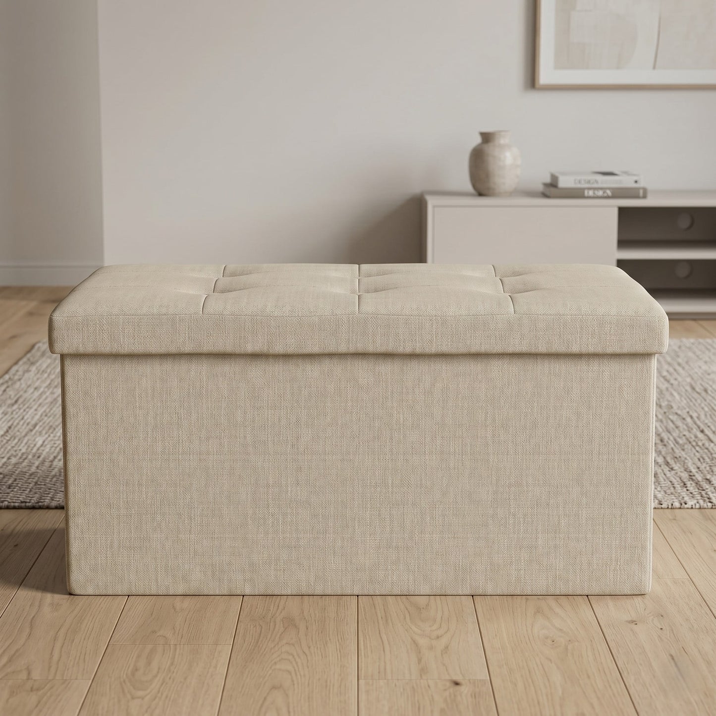 Home Design Upholstered Folding Storage Bench â€“ Beige Linen, Padded Seat with Hidden Storage, Collapsible Design