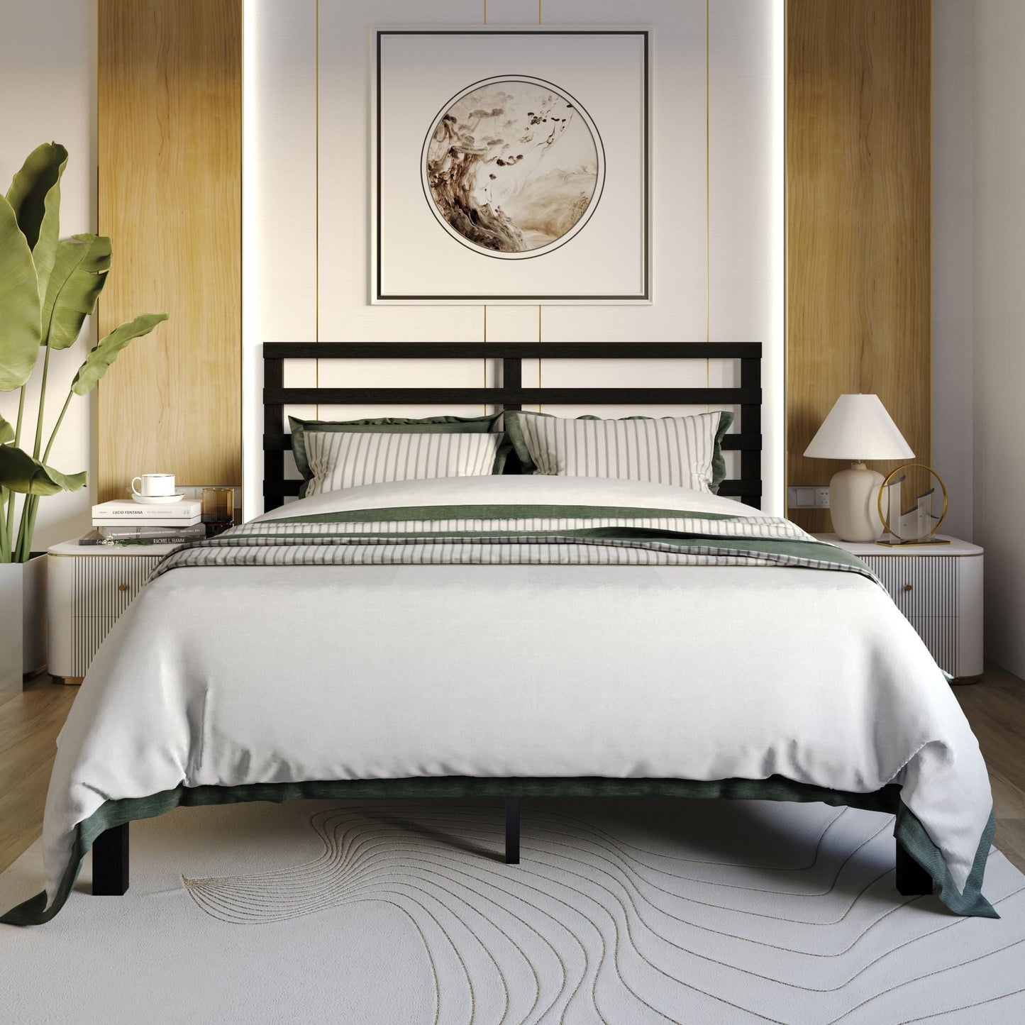 Home Design Winona Twin Wood Panel Bed Frame with Slatted Headboard and Sturdy Legs, Black, Easy Assembly
