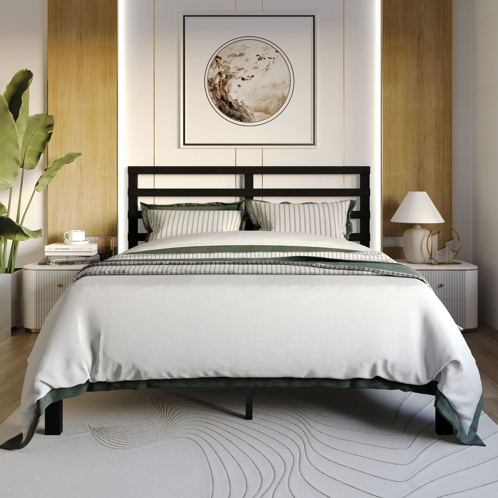 Home Design Winona Twin Wood Panel Bed Frame with Slatted Headboard and Sturdy Legs, Black, Easy Assembly