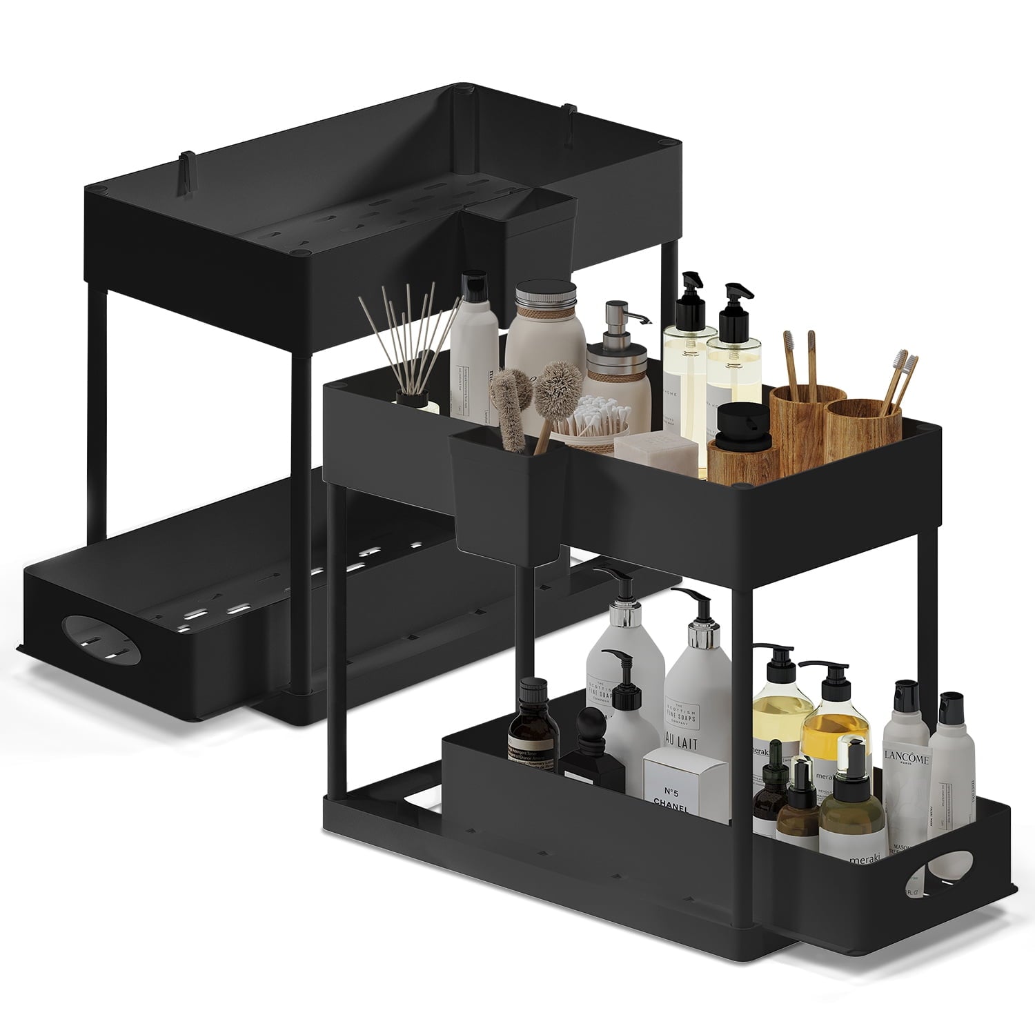 Hearth and Harbor Under Sink Organizer, Bathroom Cabinet Organizer Pull Out Sliding Draw, Under Cabinet Storage, None Slip Grip Under Kitchen Sink Organizer, Black (2-Pack)