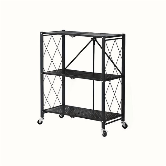 Heavy Duty Foldable Metal Storage Rack with Wheels, 3 Tier, No Installation, Removable Shelves, Black - Utility Shelving for Garage, Kitchen, Living Room, Study, Basement