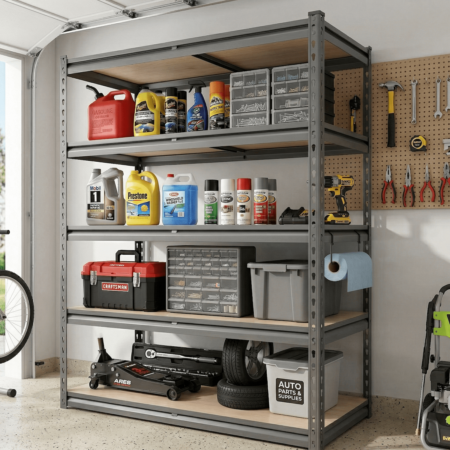 Heavy Duty Garage Shelving Unit, 2000 lbs Metal Storage Shelves, 5-Tier Adjustable Steel Shelving Rack, Freestanding Garage Storage Rack, Easy Assembly, 60" H for Basement Pantry Warehouse