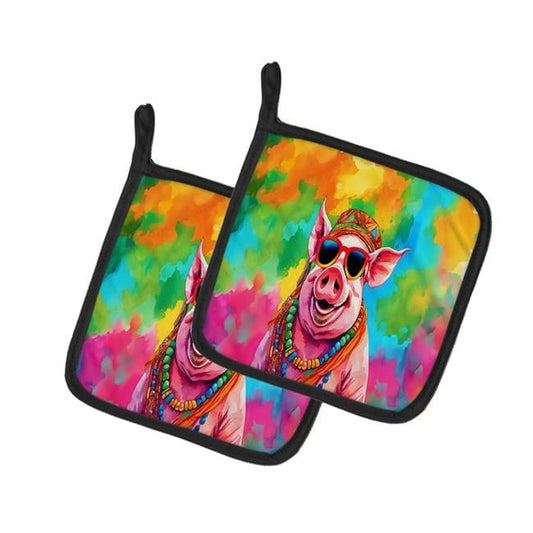 Hippie Animal Pig Pair of Pot Holders 7.5 in x 7.5 in