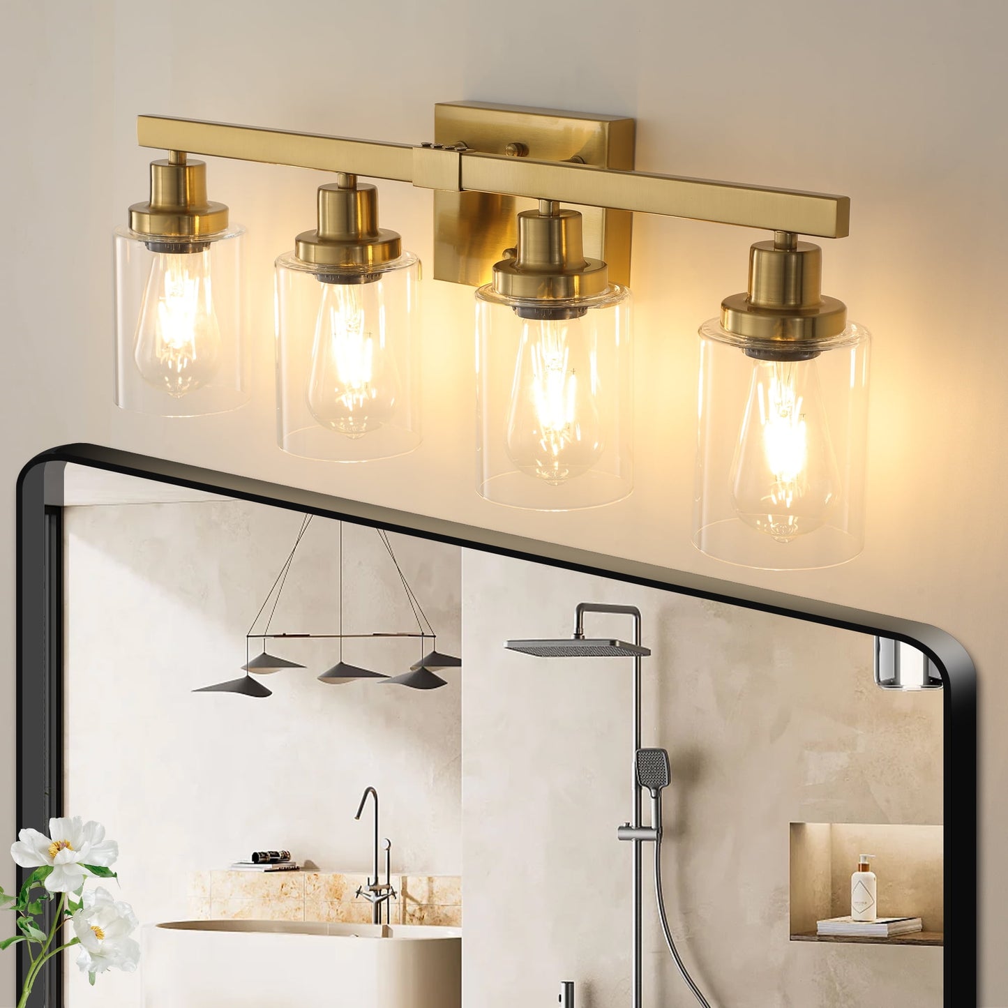 Holaki 24" Golden 4-Light Vanity Light with Clear Glass Shades, Modern Iron Metal Bathroom Wall Fixture for Mirror, Ideal for Bathroom, Gold (E26, No Bulbs)