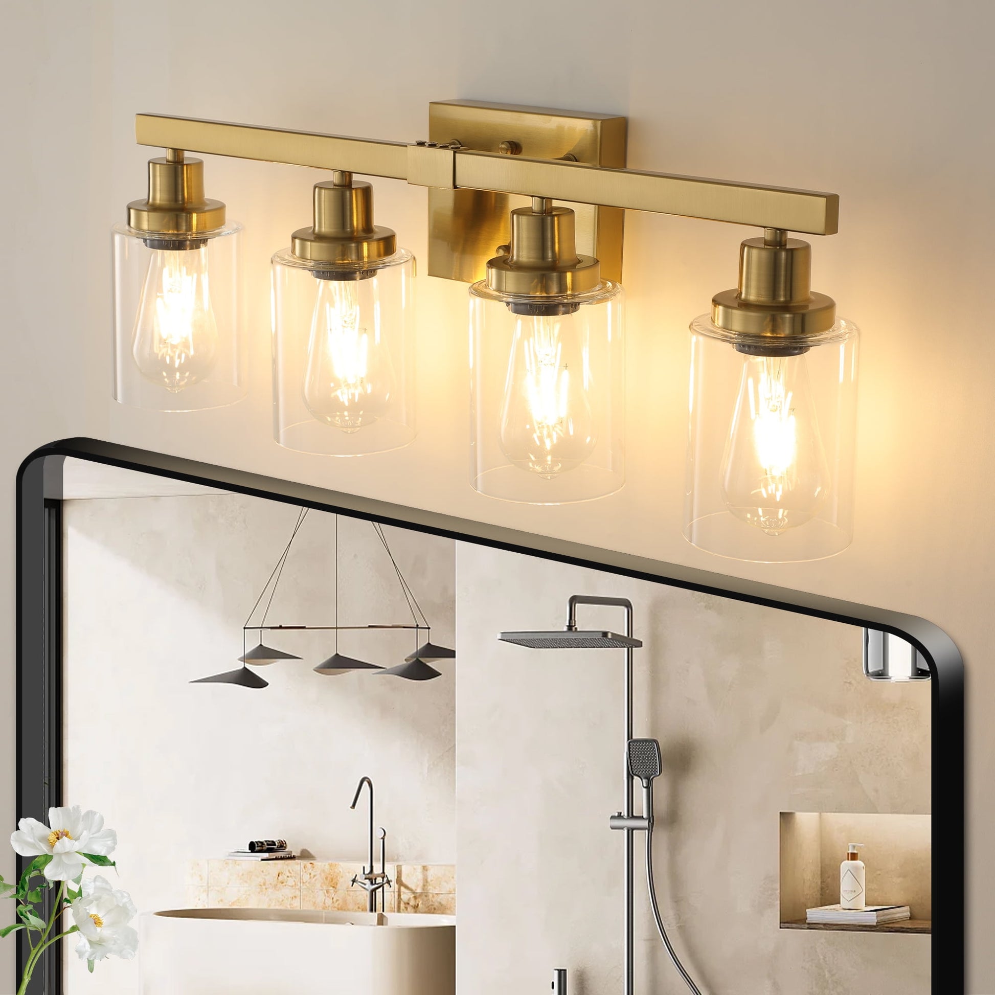 Holaki 50" Rustic 7-Light Vanity Light, Industrial Bathroom Wall Sconce with Glass Shades and Wood Accent, Modern Farmhouse Lighting Fixture, Walnut (E26, No Bulbs)