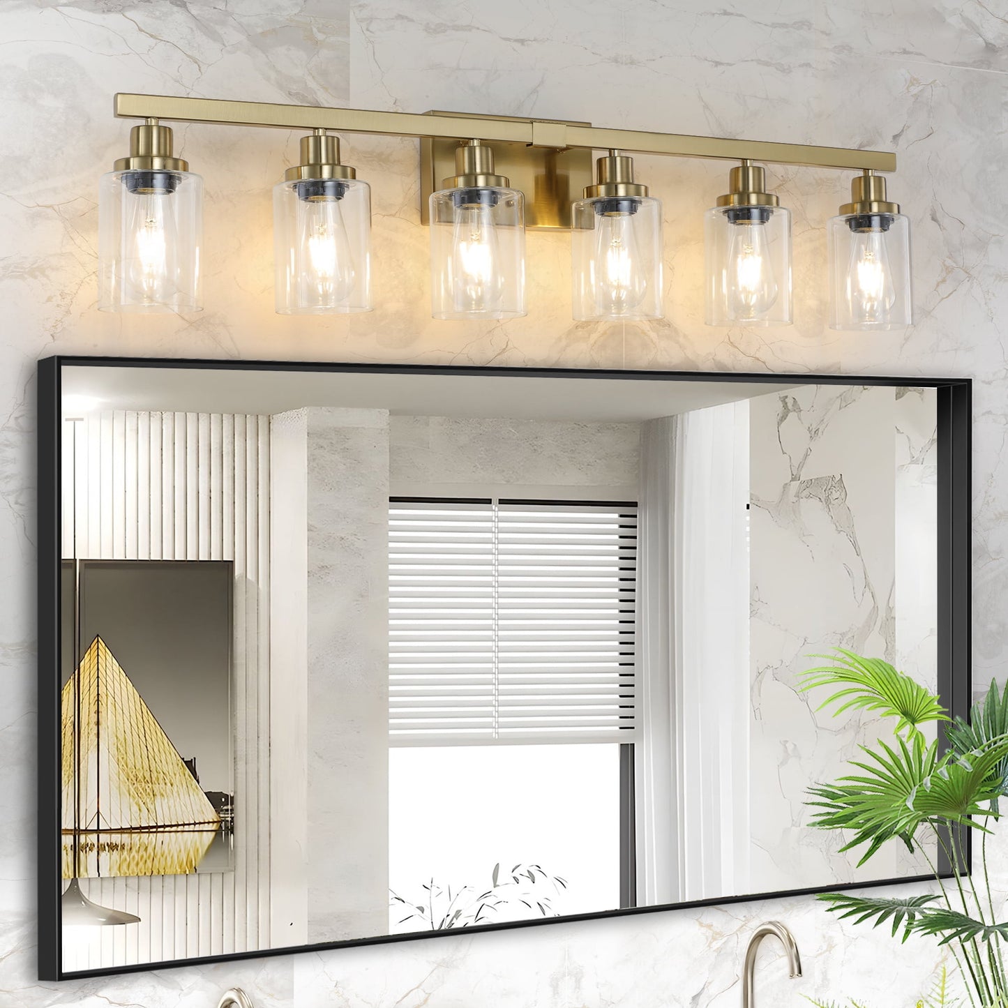 Holaki 37" 6-Light Vanity Light with Clear Glass Shades, Modern Iron Metal Bathroom Wall Fixture for Mirror, Ideal for Bathroom and Dressing Table, Golden (E26, No Bulbs)