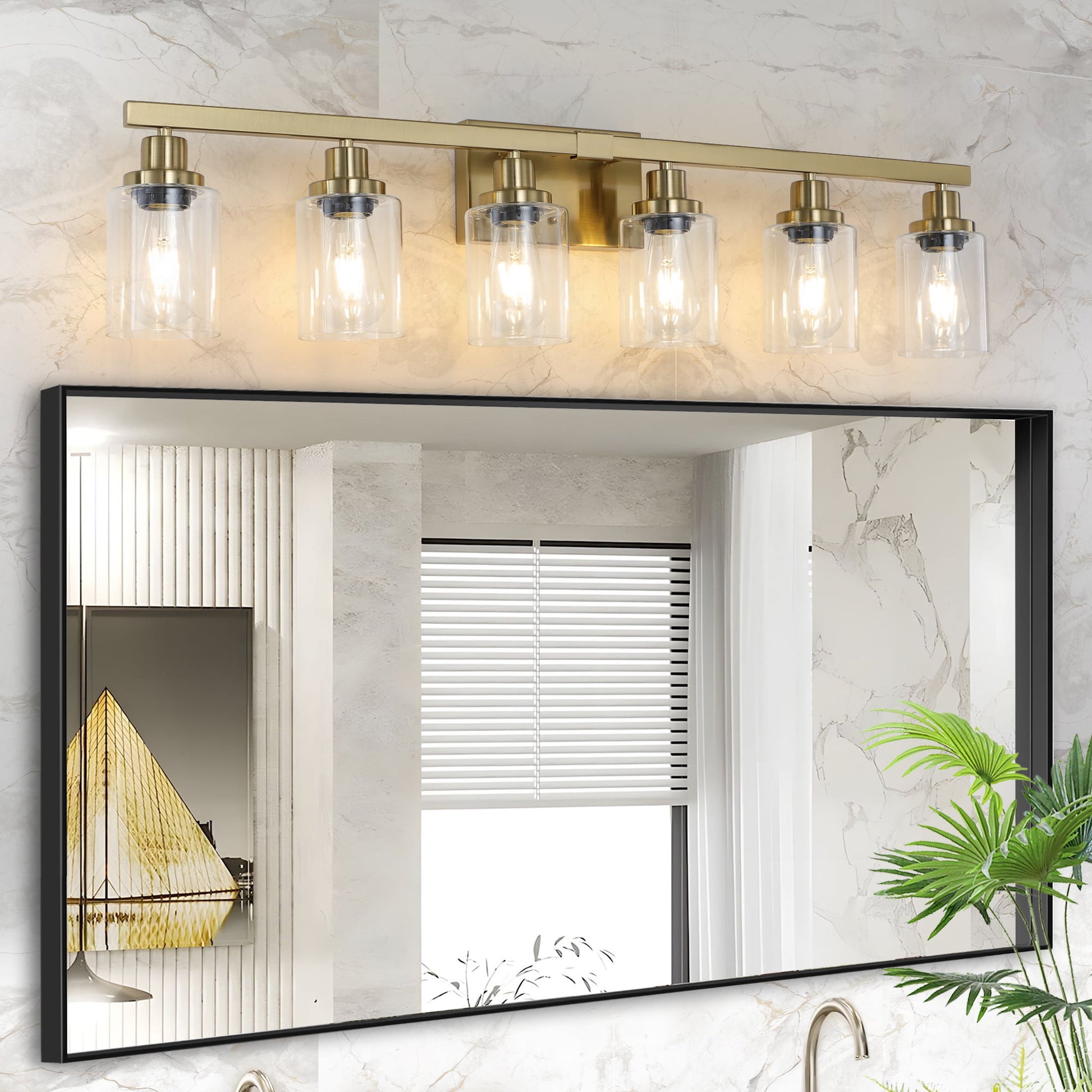 Holaki 37" 6-Light Vanity Light with Clear Glass Shades, Modern Iron Metal Bathroom Wall Fixture for Mirror, Ideal for Bathroom and Dressing Table, Golden (E26, No Bulbs)