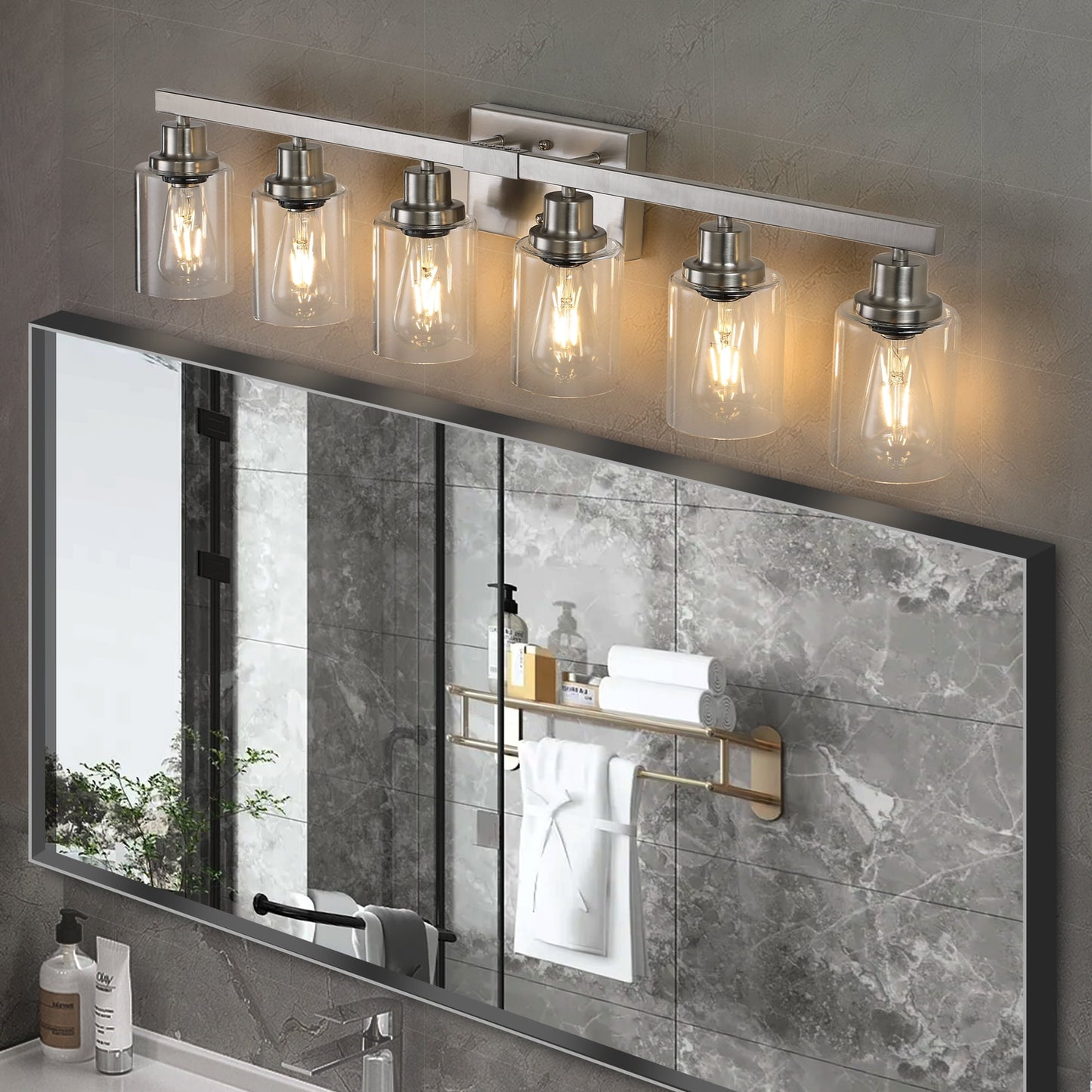 Holaki 37" Modern 6-Light Bathroom Vanity Light Fixture - Brushed Nickel Finish with Clear Glass Shades for Bathroom, Vanity and Dressing Area Lighting (E26, No Bulbs)
