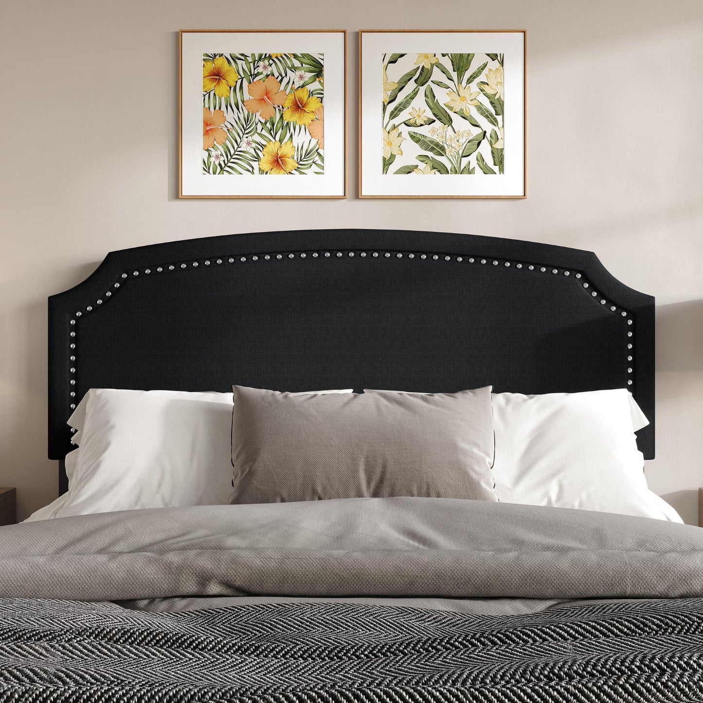 Home Design Bowie Full Upholstered Headboard with Adjustable Height and Nailhead Trim, Black, Easy Assembly