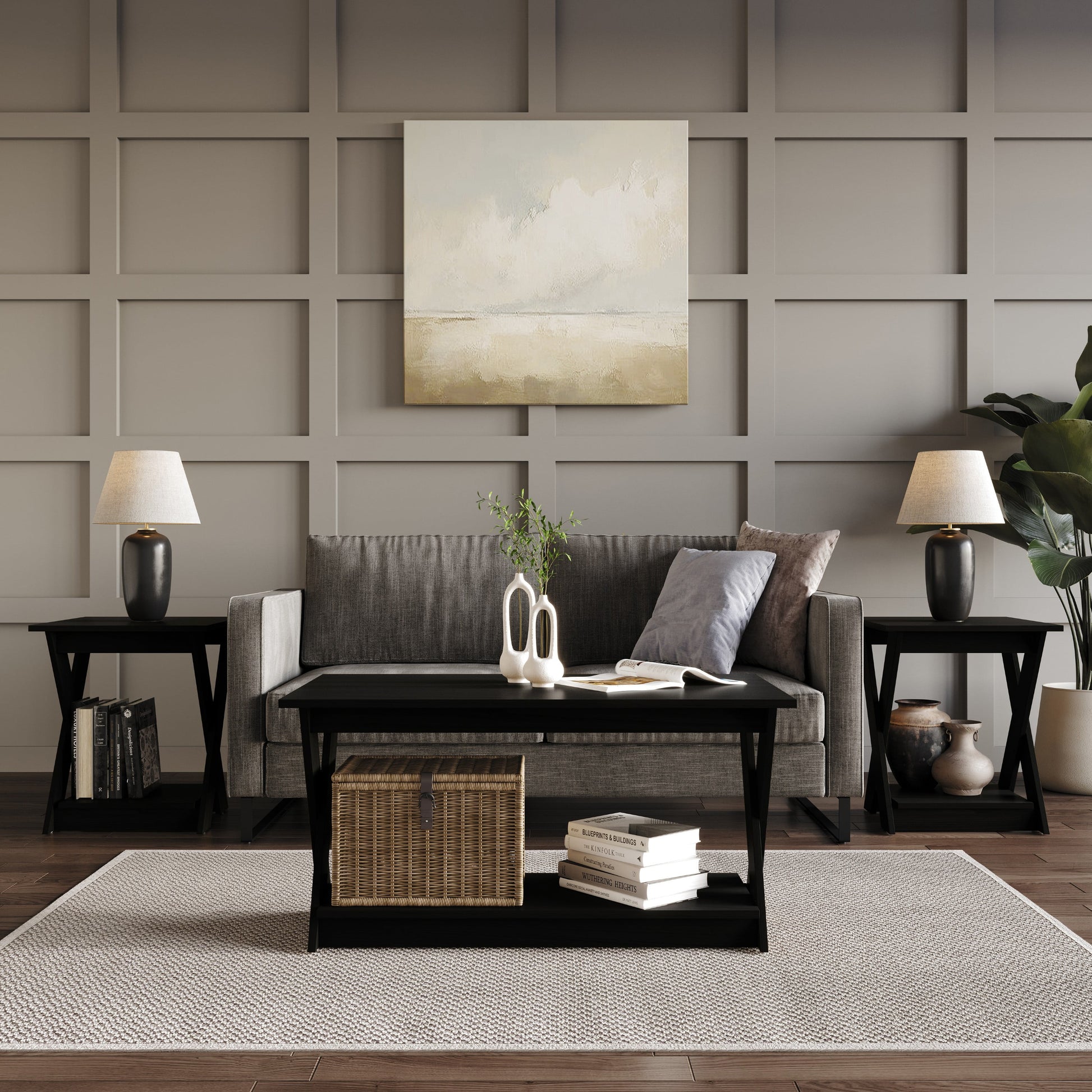 Home Design Emporia 3-Piece Coffee Set with Crossed-Leg Design and Lower Shelf, Wide Plank, Brown, Modern Living Room