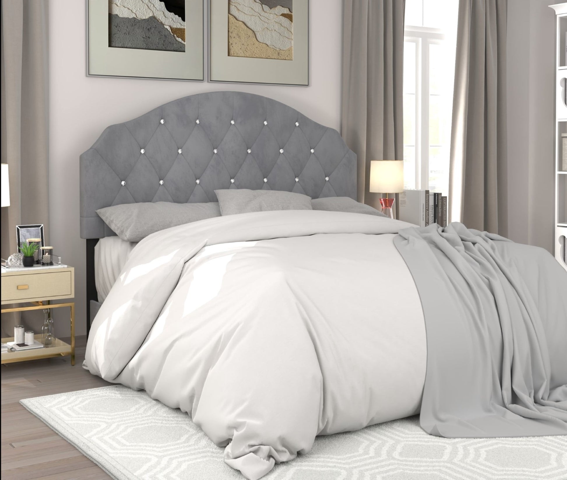 Home Design Evelina Queen Tufted Upholstered Headboard, Silver Gray, Velvet with Diamond Button Tufting, Modern Bedroom Furniture
