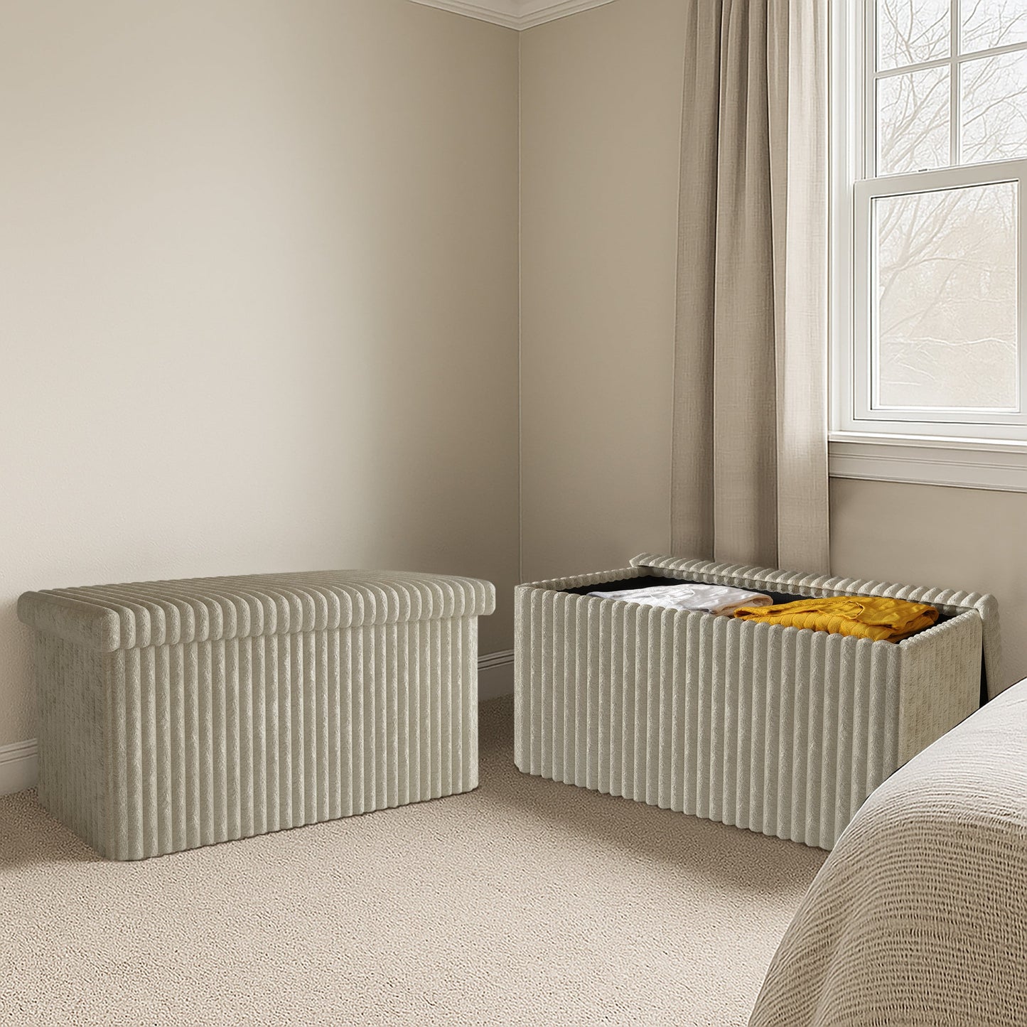 Home Design Florence Upholstered Folding Storage Bench with Foam Filled Seat, Multi-Purpose Rectangular Design for Seating, Footrest, or Hidden Storage in Living Room or Office, Light Beige
