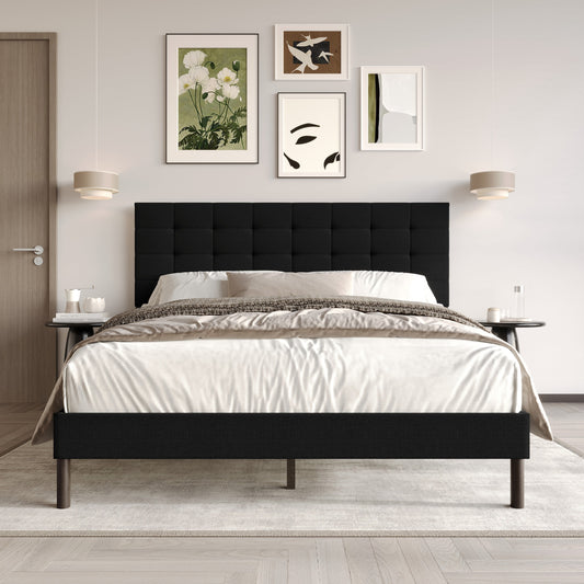 Home Design Haines Twin Linen Upholstered Panel Bed Frame with Rectangular Tufted Headboard & Sturdy Wooden Legs, Black, Easy Assembly