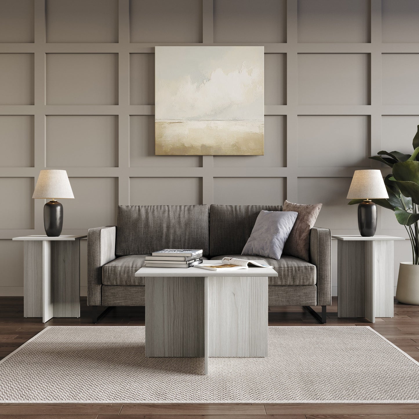 Home Design Joliet 3-Piece Coffee Set with Rectangular Tables, Natural Wood Finish and Modern Open Shelf, Light Gray