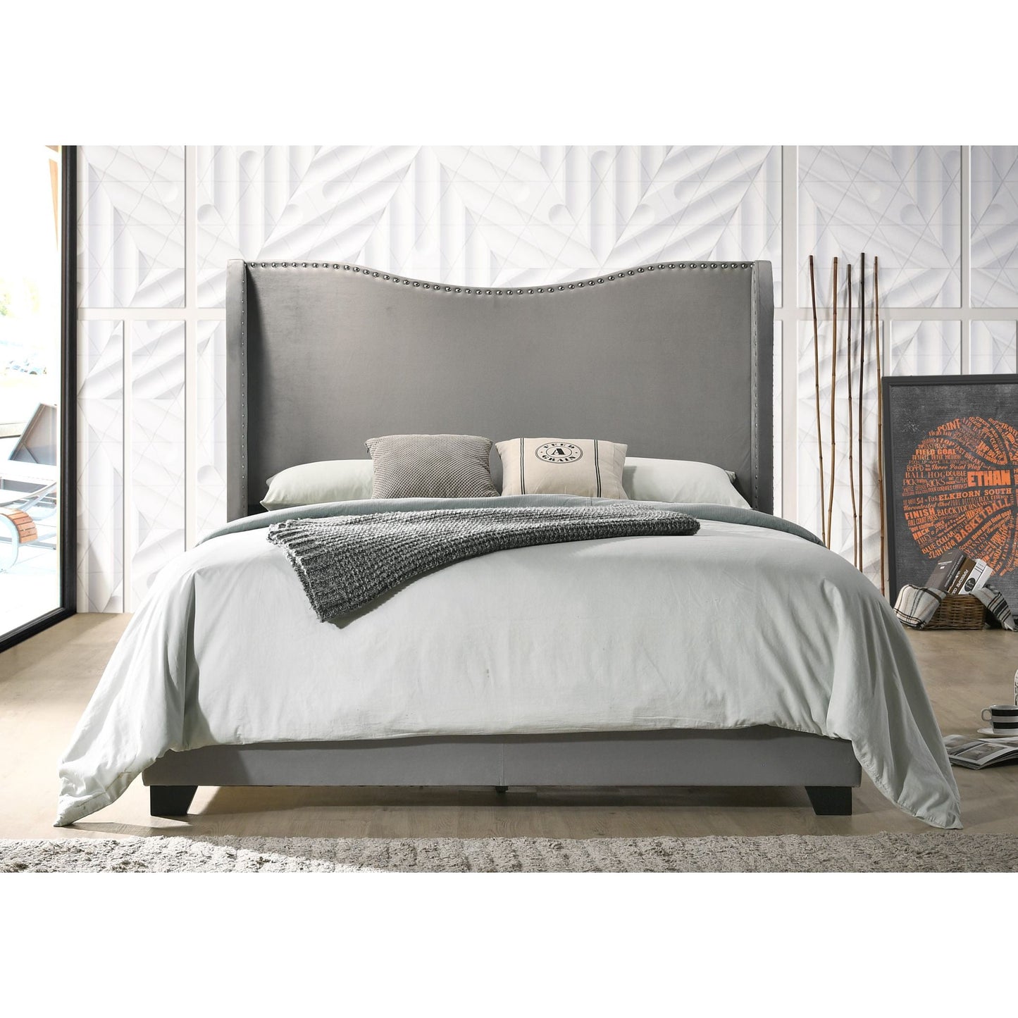 Home Design Kris Twin Upholstered Wingback Bed Frame with Arched Wingback Headboard and Nailhead Trim, Gray, Easy assembly