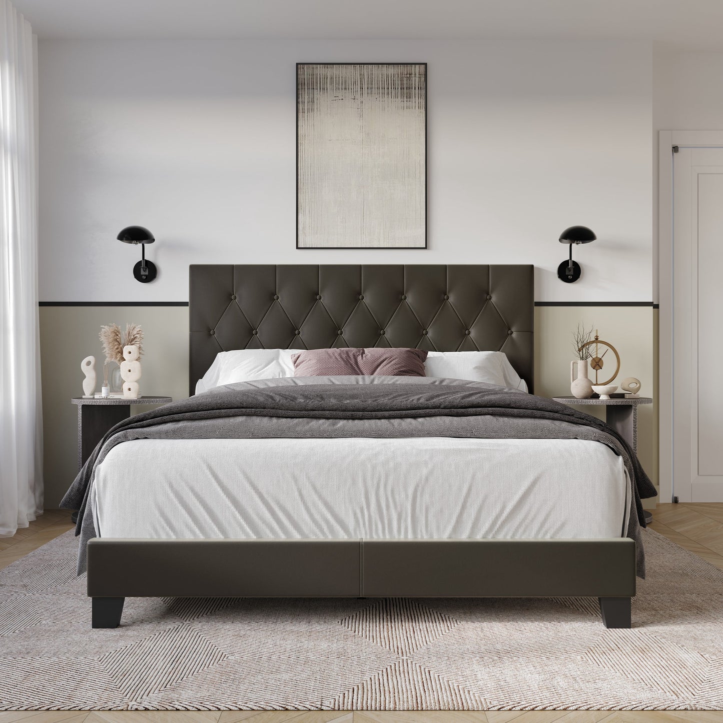Home Design Omaha Full Tufted Upholstered Panel Bed Frame, Dark Brown, Easy Assembly