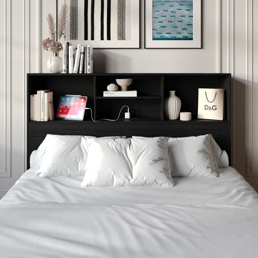 Home Design Pomona Full Freestanding Bookcase Headboard with Storage Shelves & Built-In Power Outlet, Black
