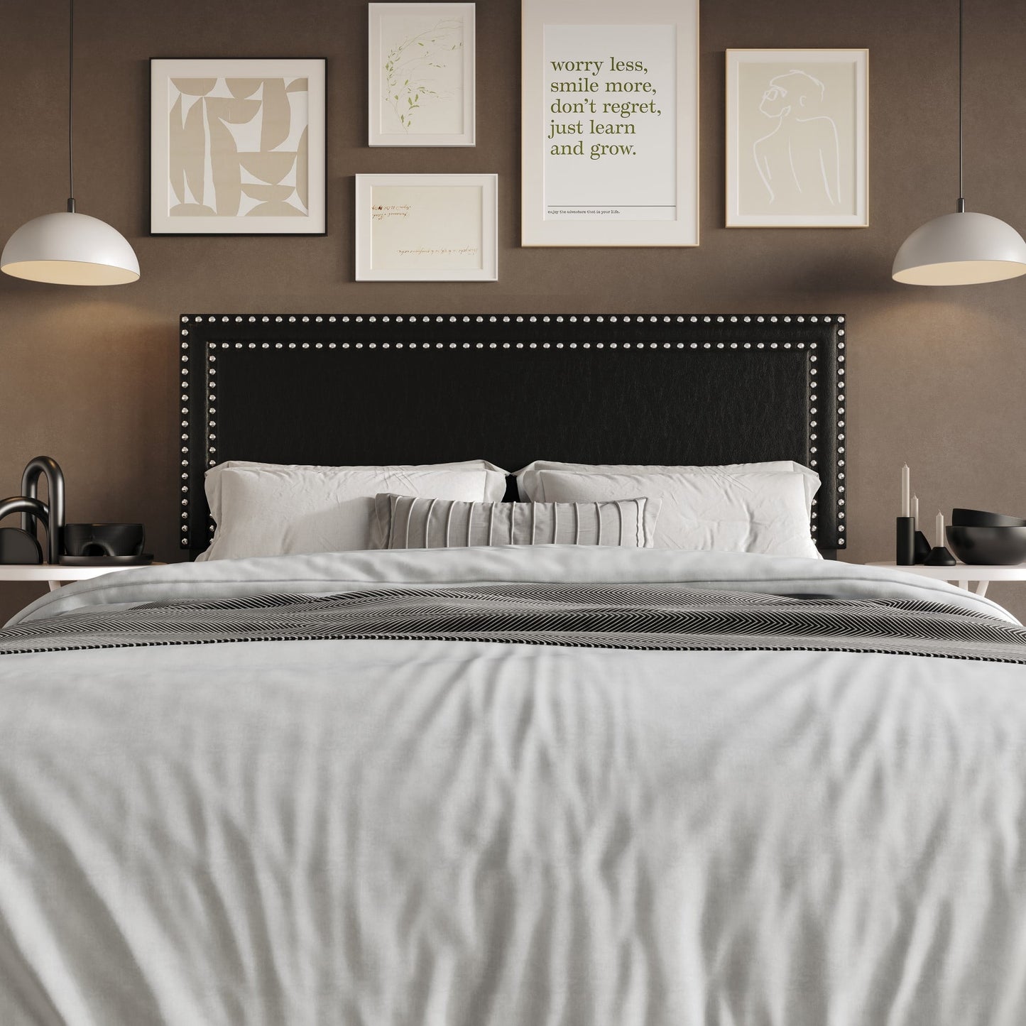 Home Design Sarasota Full Upholstered Headboard with Double Nailhead Trim and Foam Padding, Black, Easy Assembly
