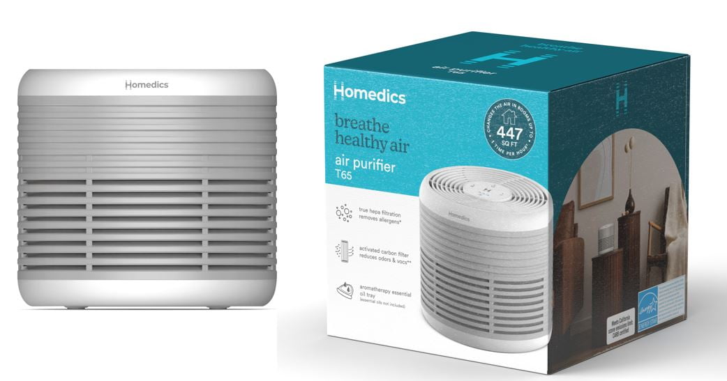 Homedics Total-Clean 3-in-1 Air Purifier-360-Degree HEPA Filter for 447 Sq. ft., Activated Carbon, Essential Oil Aromatherapy, AP-T65-GY,Grey